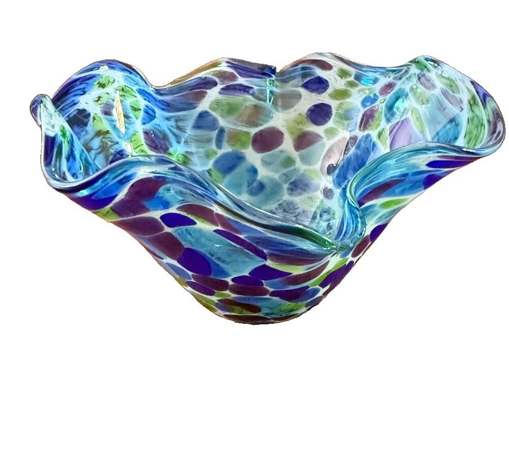Glass Eye Studio Wave Bowl Bluebonnet Ruffled Hand Blown Art Glass Spatter 6"